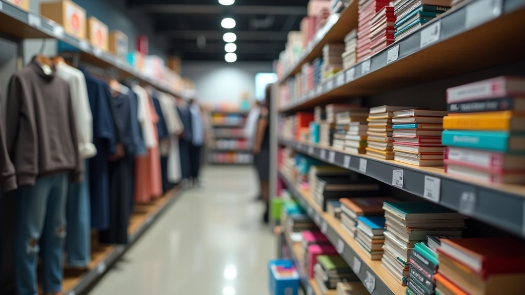 Várias categorias de produtos em balcão: roupas, electrónica, livros, representando diferentes direitos de protecção