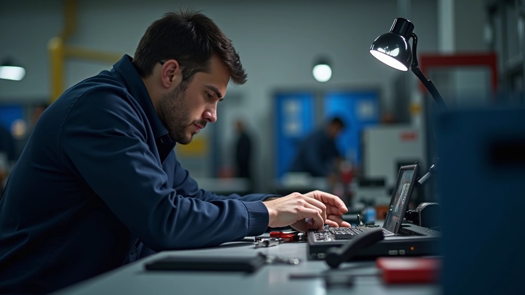 Técnico de reparação a trabalhar num dispositivo electrónico numa oficina profissional, ferramentas à vista