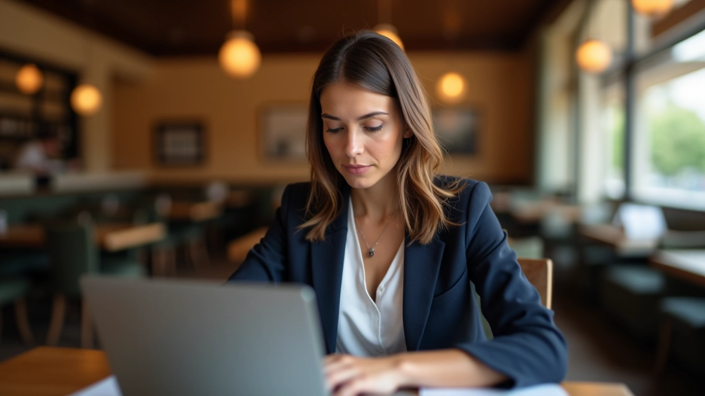 Mulher num café com computador e documentos, consultando formulário de reclamação online